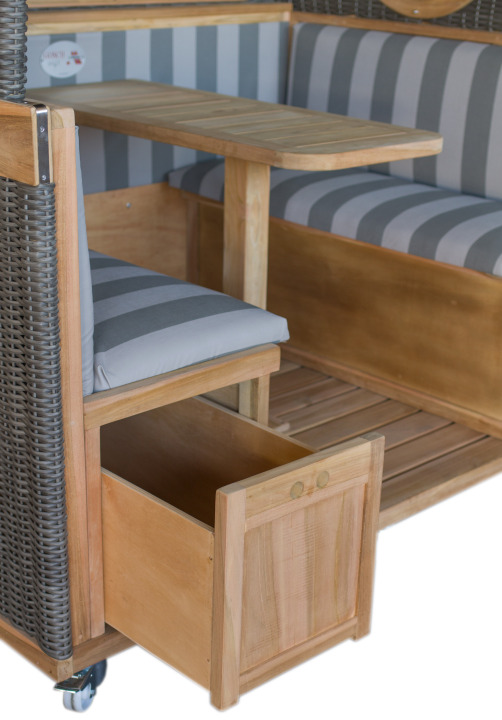 Gosch-Lounge Strandkorb 6-Sitzer Teak durchgeflochten PE Grey ERA Dessin 981 Grau Gosch-Lounge Strandkorb 6-Sitzer Teak durchgeflochten PE Grey ERA Dessin 981 Grau